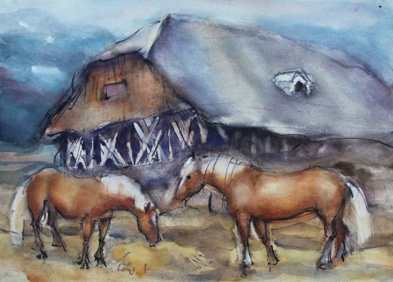 Busch-Federspiel Käte - Haflinger vor Stadel