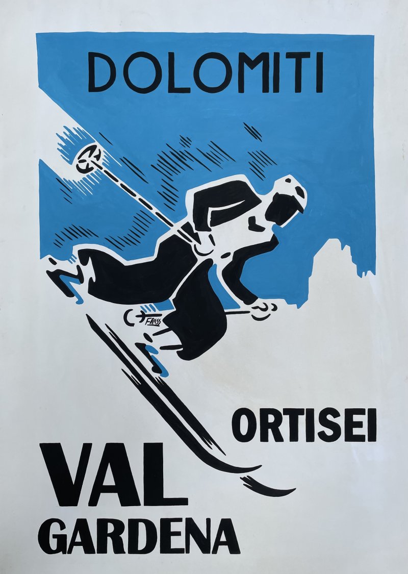 Plakat-Entwurf - Dolomiti - Ortisei - Val Gardena - blau