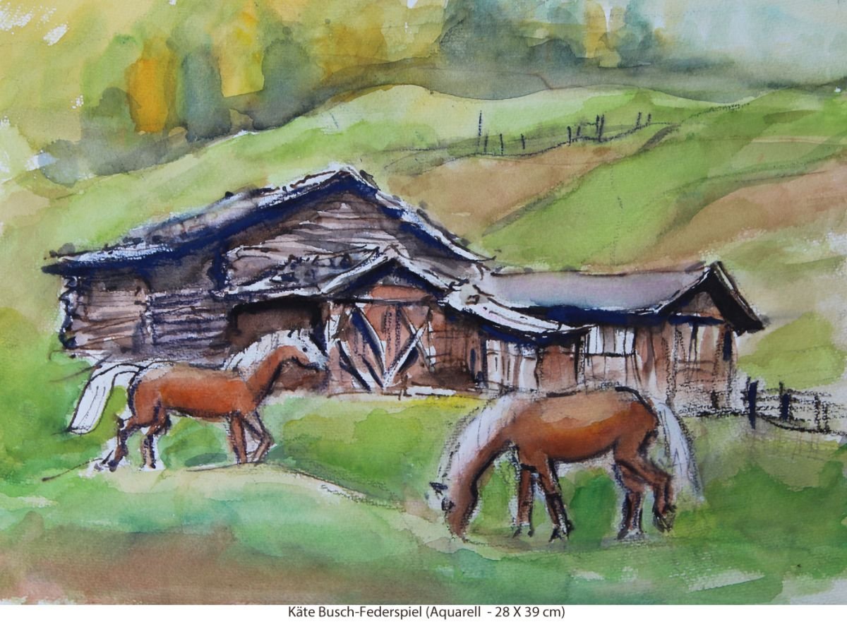 Busch-Federspiel Käte - Haflinger vor Almhütte